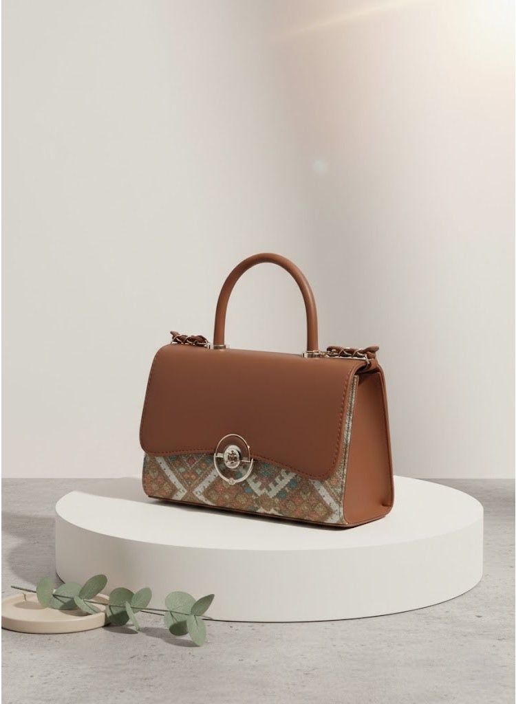 FUMES Brown Women’s Handbag – Smooth Finish with Patterned Fabric Panel, Structured Top Handle & Chain Strap, Elegant Office & Evening Bag - Image 1